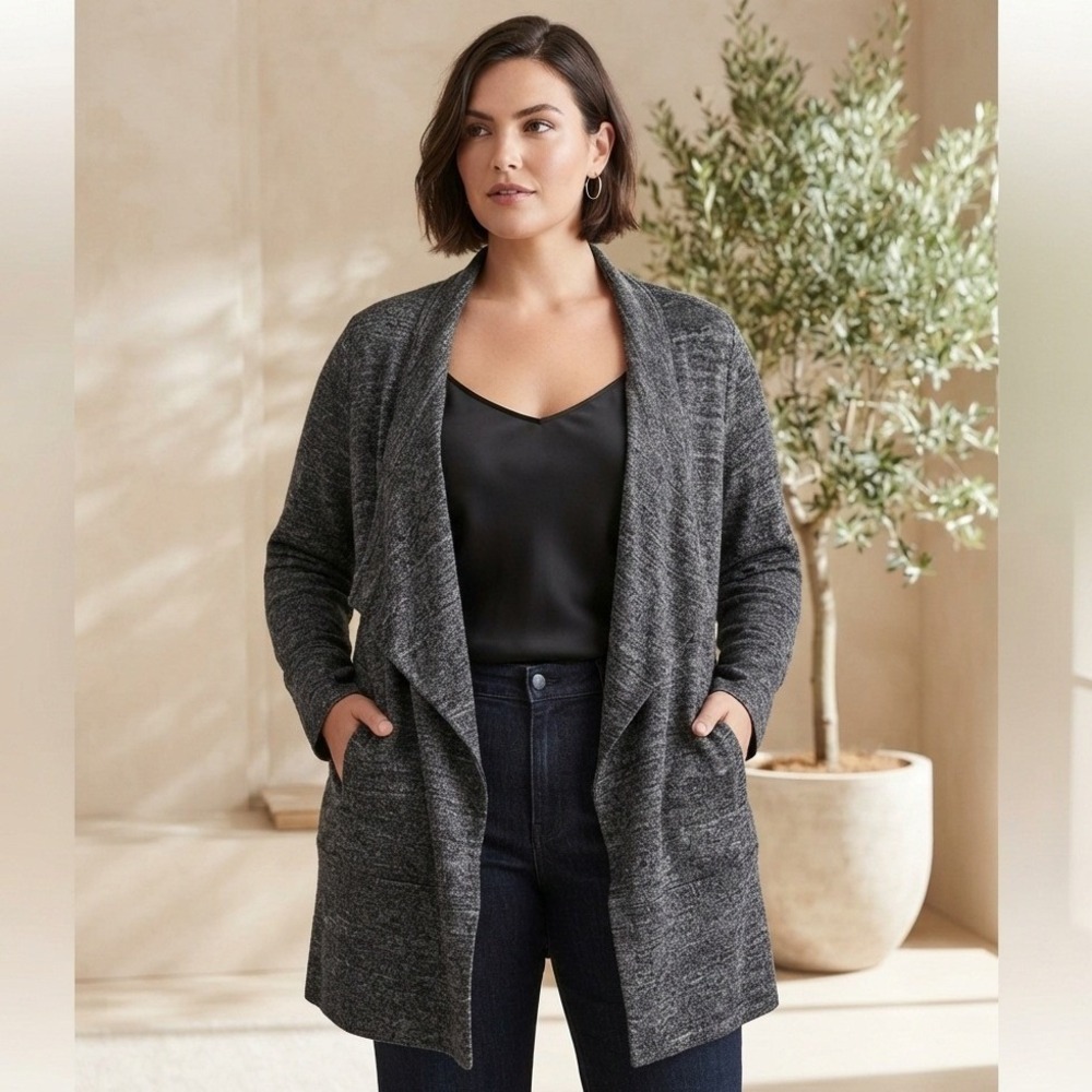 Eileen Fisher Cardigan Woman 3X Gray Draped Shawl Collar Textured Marl Knit Cozy